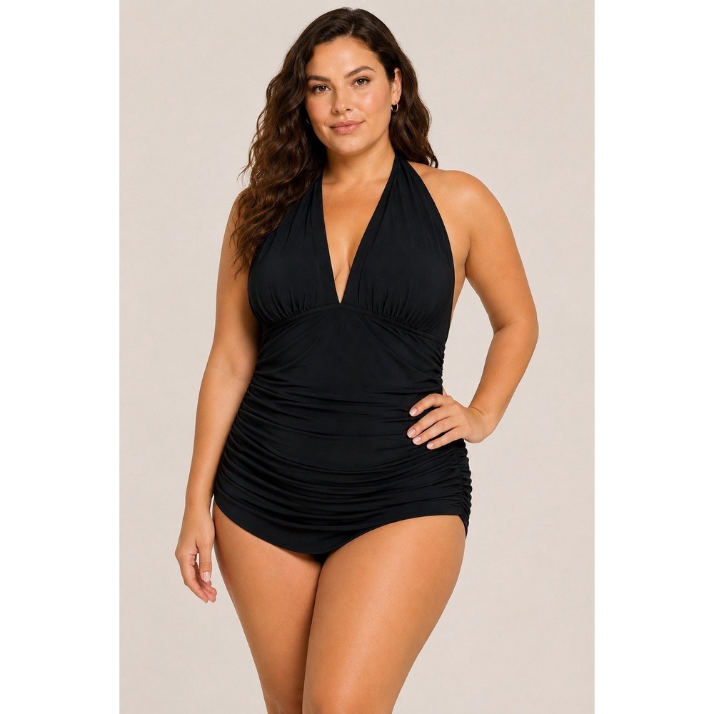 MagicSuit Swimwear Estilo Women 18 One Piece Black Ruched Halter Tummy Control